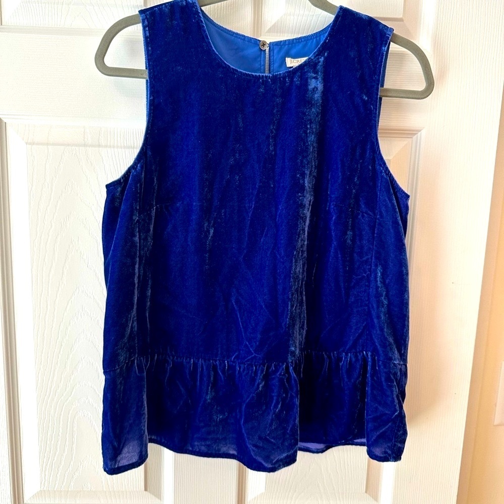 J. Crew Elegant Blue Velvet Sleeveless Top Jewel Tone Peplum size 6